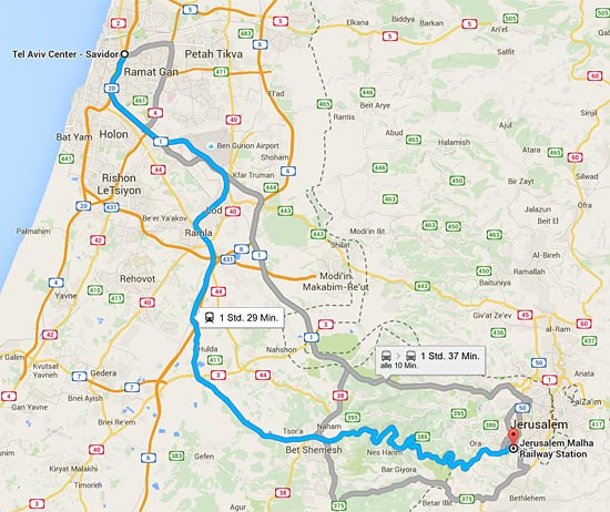 Aktuelle Streckenführung zwischen Jerusalem und Tel Aviv mit 1,5 Stunden Fahrzeit. (© GoogleMaps)