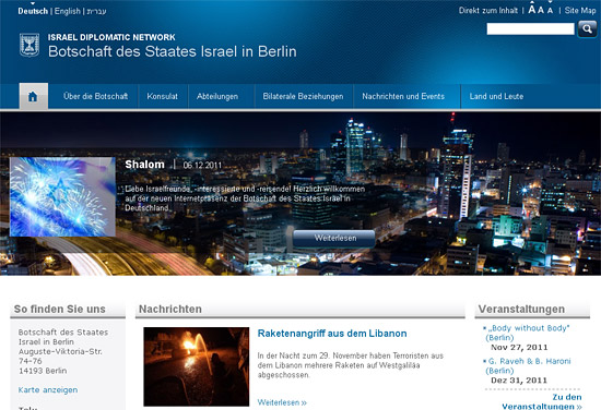Der überarbeitete Internetauftritt der israelischen Botschaft in Berlin. (© IsraelMagazin)