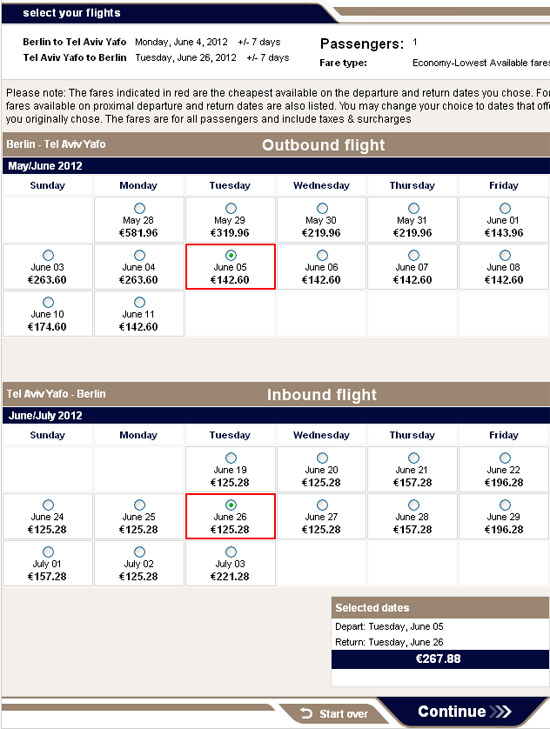 Preis-Check des ELAL-Angebotes am 11. April 2012 um 17.00 Uhr über die EL AL-Website.