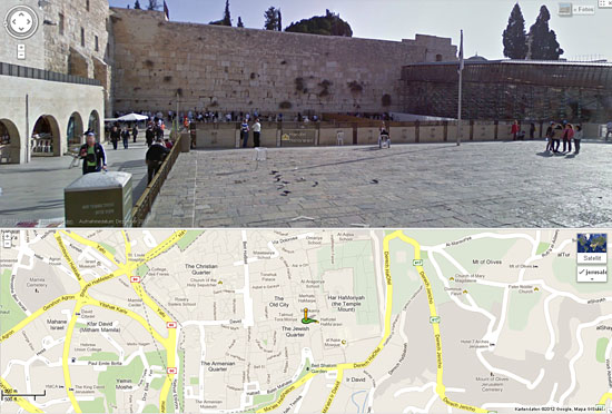 Bis zur Klagemauer sind die Fotografen von Google vorgedrungen, nur die Araber auf dem Tempelberg haben offensichtlich den Zutritt verweigert. (Google Street View)