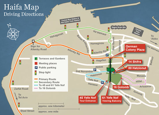 Übersichtskarte der Bahai Gärten mit hinführenden Buslinien. (© Bahai)