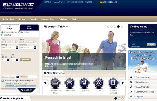 Die EL AL Internetseite für den deutschsprachigen Raum ist nun endlich fast komplett auf Deutsch verfügbar. (Screenshot © IsraelMagazin)