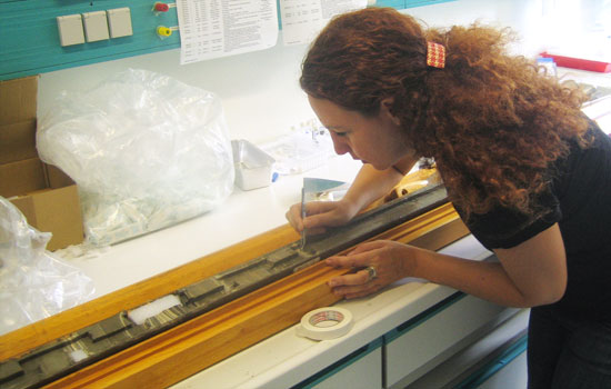 Die Palynologin Dr. Dafna Langgut untersucht den Bohrkern mit über 3.000 Jahre alten Ablagerungen. (© Tel-Aviv University) 