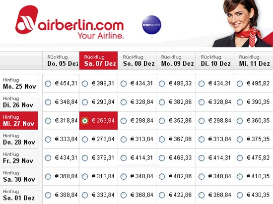Airberlin hat den besten Preis, allerdings nur 25 Euro unter EL AL. (© www.israelmagazin.de)