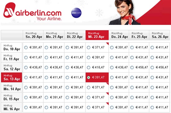 Mindestens 91 Euro teurer als UP, dafür gibt es nur Getränke und ein Sandwich gratis dazu. (Airberlin Website 16.12.2013, 14.30 Uhr)