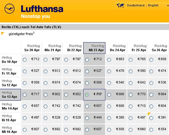 Wer flexibel ist, kann bei Lufthansa auf einen Flugpreis von 478 Euro kommen. (Lufthansa Website 16.12.2013, 14.30 Uhr)