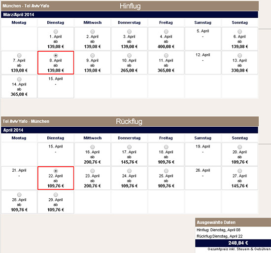 Preisbeispiel auf der Website von El Al. (gesehen am 6.2.14 um 16.00 Uhr)
