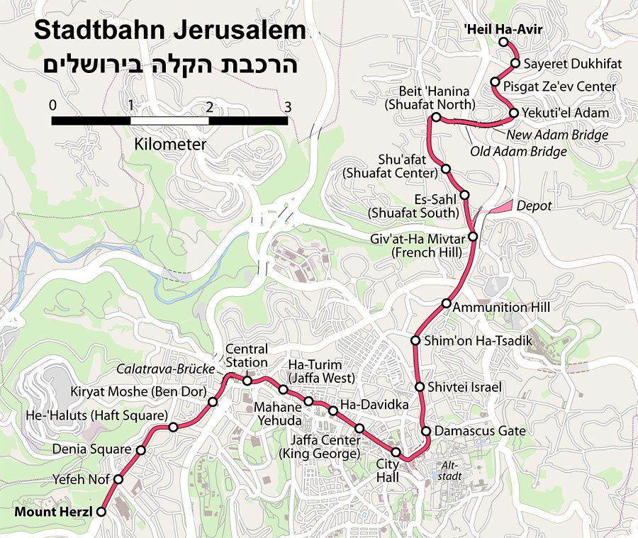 Streckenplan der Straßenbahn Light Rail Train in Jerusalem. (© Maximilian Dörrbecker/Wikipedia CC BY-SA 2.0)