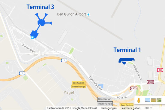 Terminal 1 des Ben Gurion Airport wird ab Sommer 2017 für Abflüge der Billig-Airlines dienen. (Karte © Google Maps)