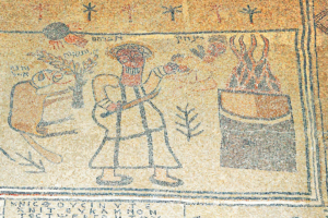 Bet Alpha: Das Mosaik zeigt, wie Abraham seinen Sohn opfern Isaak opfern will. Das zentrale Mosaik in Bet Alpha. (© Matthias Hinrichsen)
