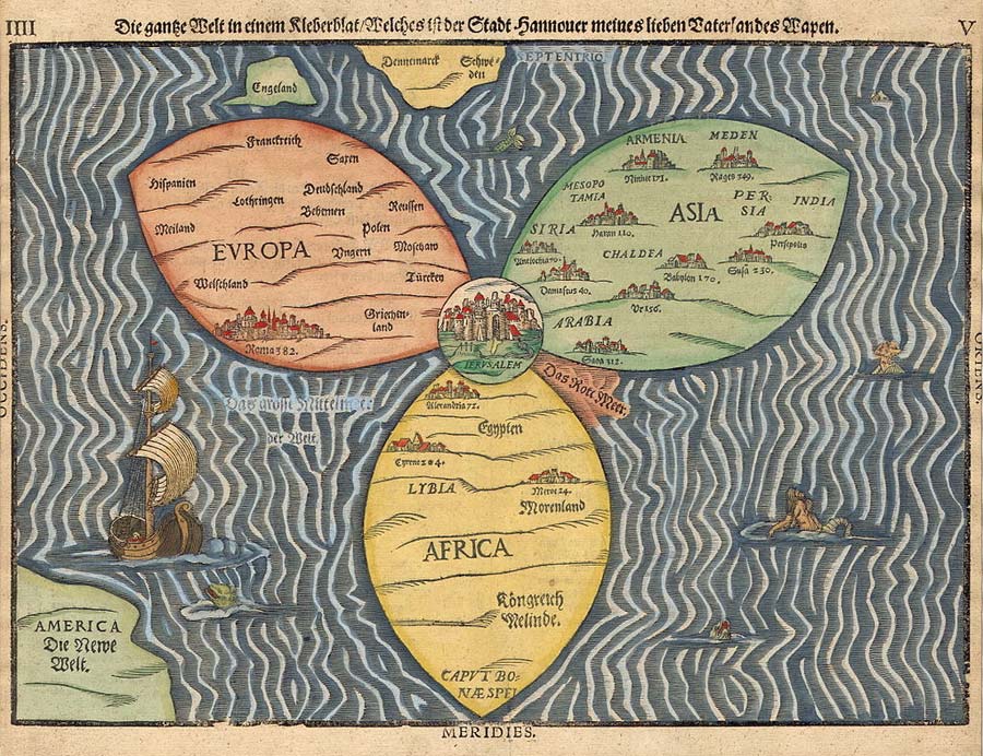 Heinrich Büntings Weltkarte mit Jerusalem als Mittelpunkt zwischen den Kontinenten